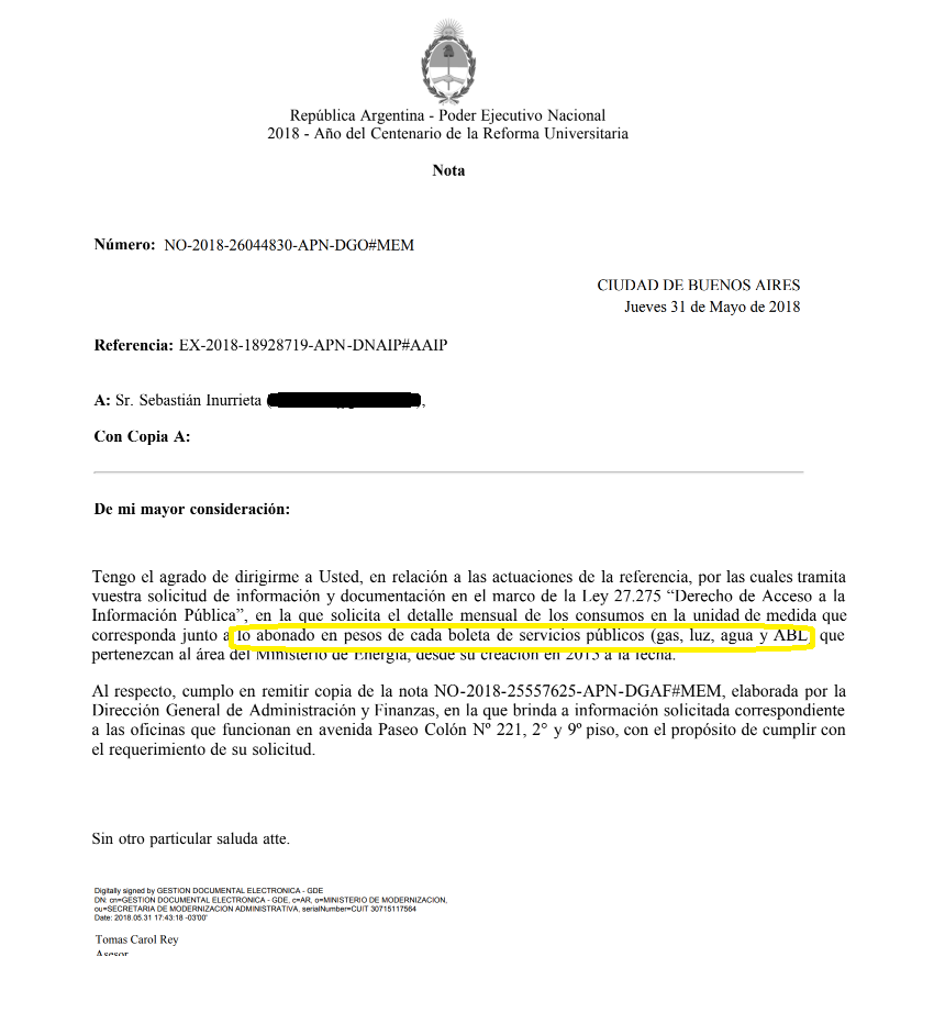 La respuesta del Ministerio de Energía al pedido de información de #BORDER. Lo mencionan pero omiten el gas.