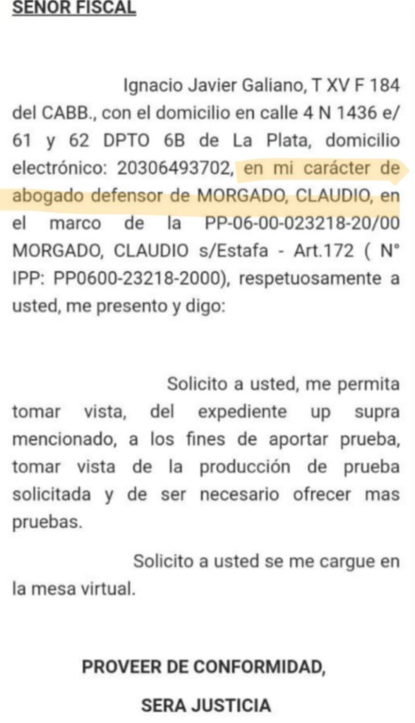 Ignacio Galiano se presentó en la causa como “abogado defensor” de Morgado, a espaldas de Saldaño