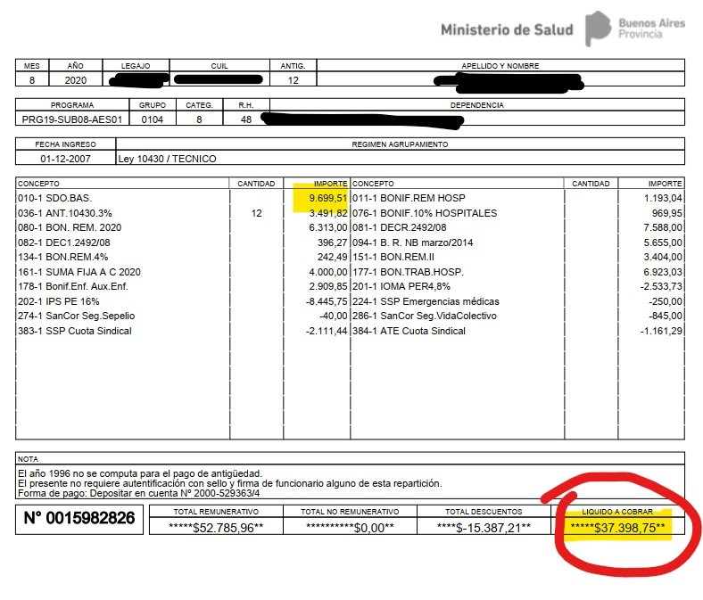 El recibo de salario de un enfermero de la provincia de Buenos Aires