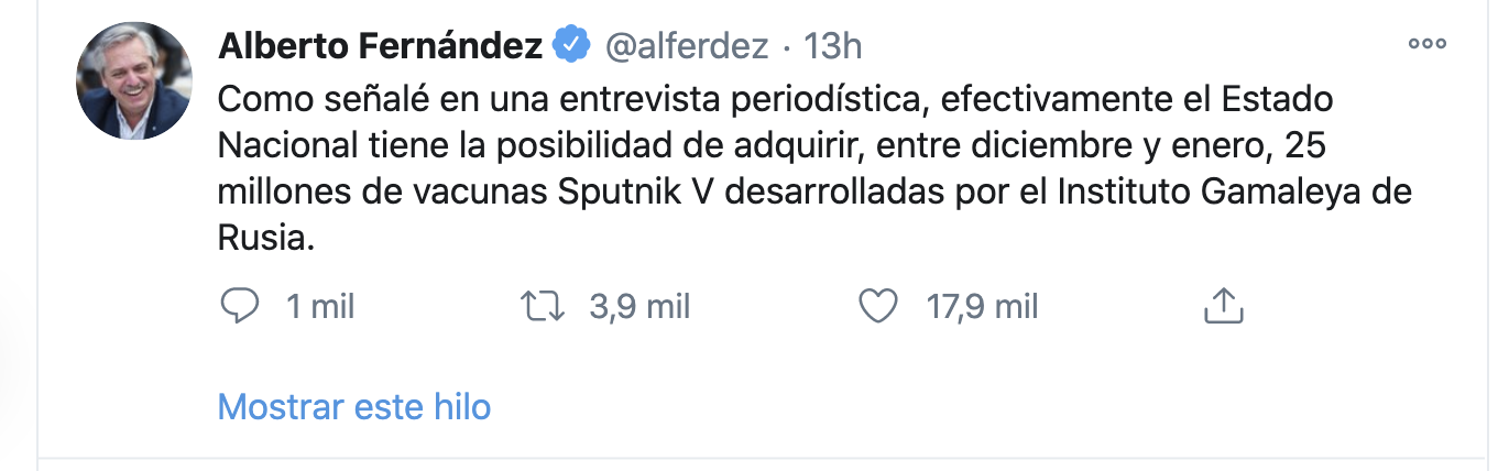 El tuit de Alberto Fernández donde anunció que el gobierno argentino compró 25 millones de vacunas Sputink V