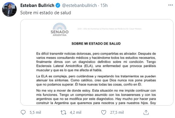 Esteban Bullrich comunicó a través de las redes sociales que fue diagnosticado con ELA