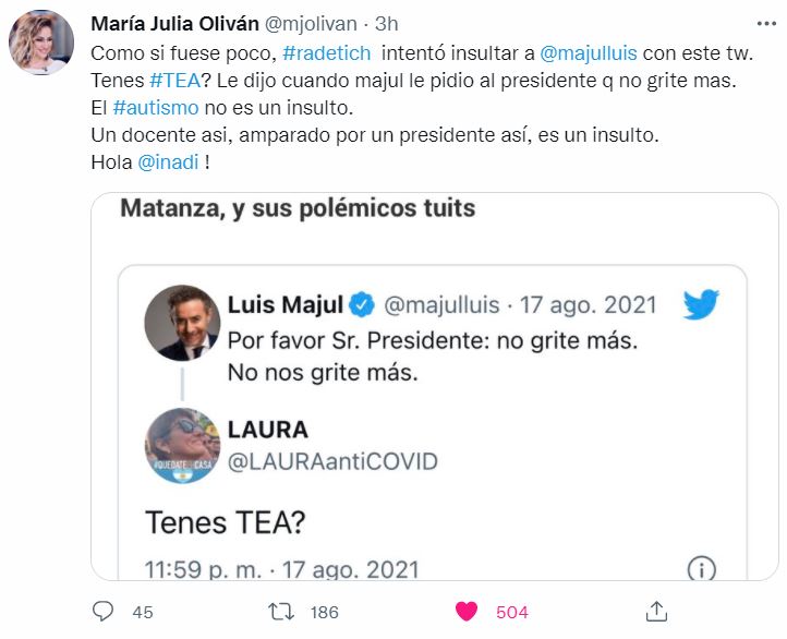 El repudio de María Julia Oliván al "insulto" de Radetich