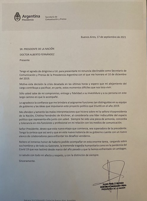 La carta de renuncia de Juan Pablo Biondi